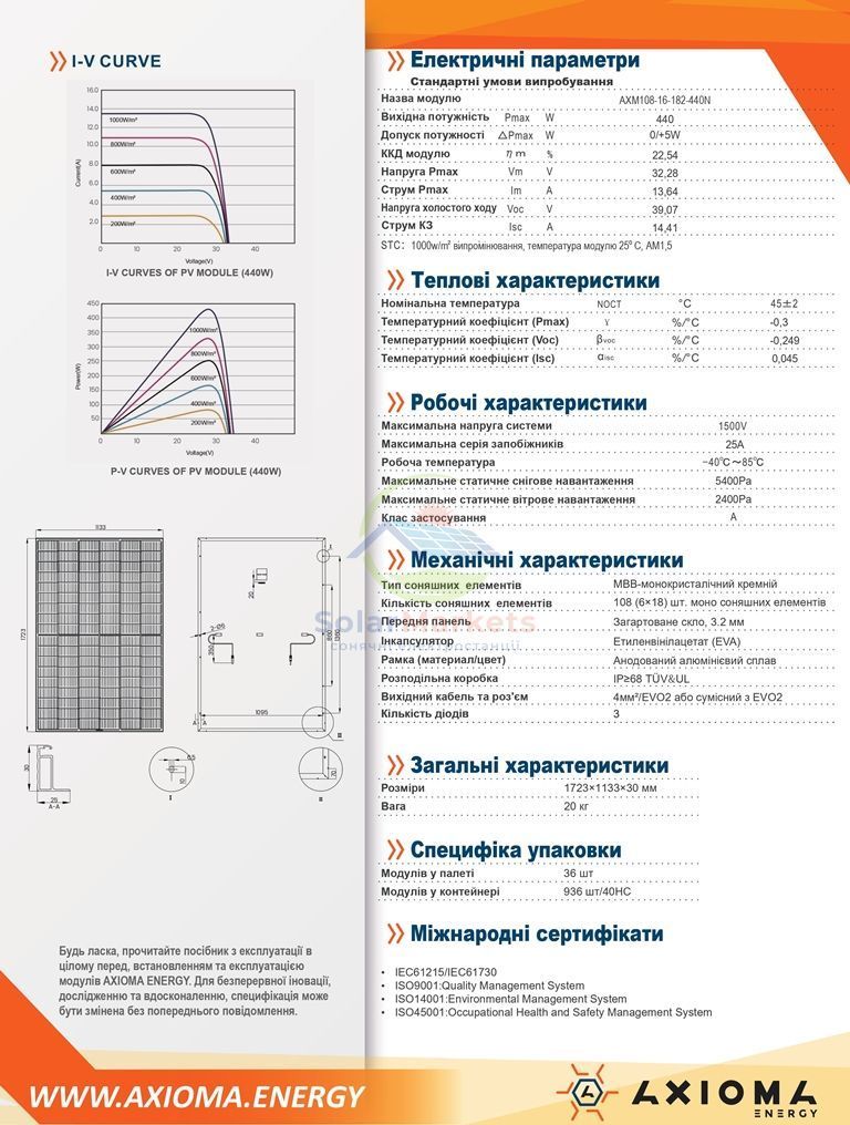 Сонячна батарея AXIOMA energy N-TYPE AXM108-16-182-440N 440Вт AXM108-16-182-440N фото