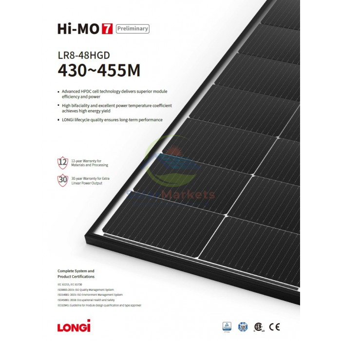 Сонячна панель Longi Solar LR8-48HGD-450M Hi-MO7 bifacial LR8-48HGD-450M-Hi-MO7 фото